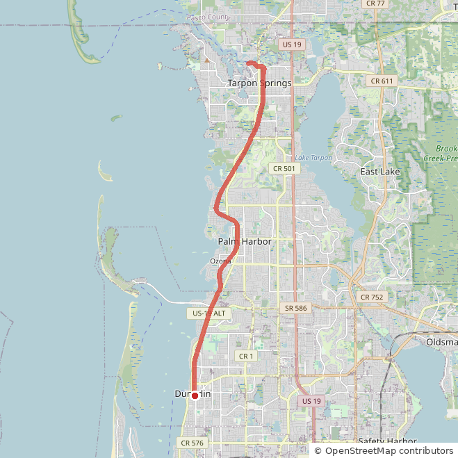Map of the Pinellas Trail ride from Dunedin to Tarpon Springs