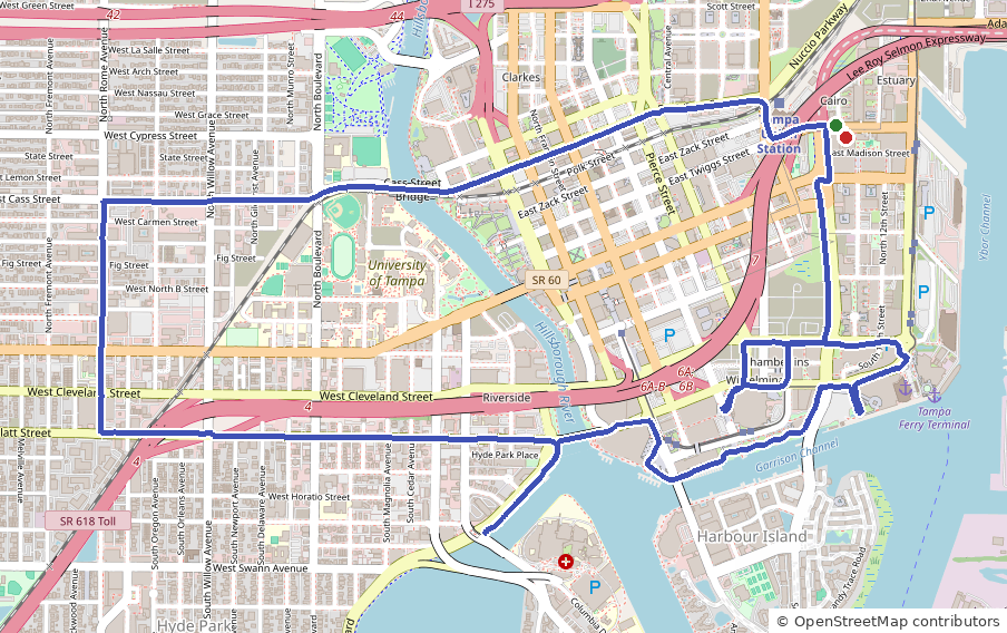 Map of the route through downtown Tampa
