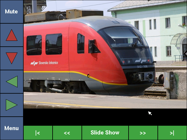 Photo browser showing a train, with slide show controls