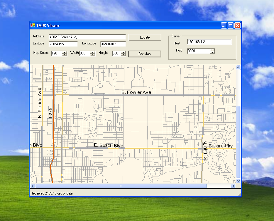 TMRS Viewer — a C# client fetching a map of Tampa from the TMRS server